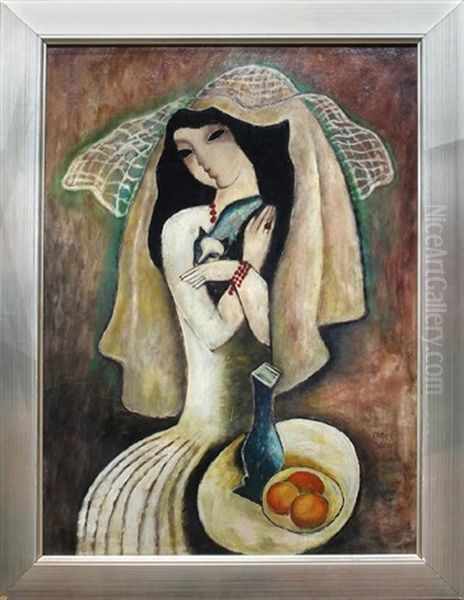 Lady With Cat Oil Painting by Bela Kadar