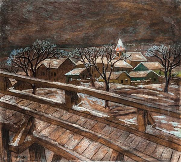 Snowy Bridge Oil Painting by Bela Kadar