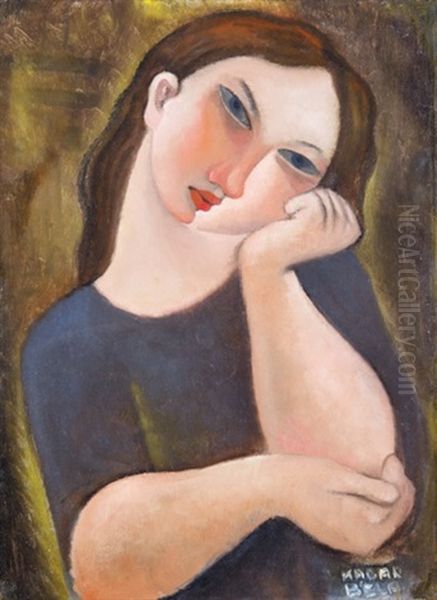 Girl Resting On Her Elbow Oil Painting by Bela Kadar