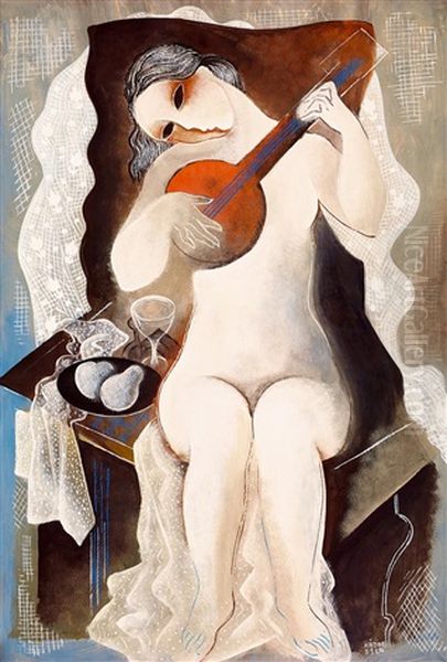 Art Deco Nude (girl With A Banjo), Early 1930s Oil Painting by Bela Kadar