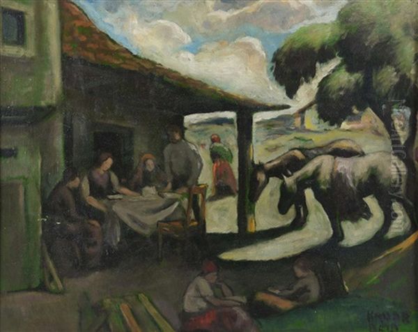Outdoor Scene With Figures Outside A Building With Horses Oil Painting by Bela Kadar