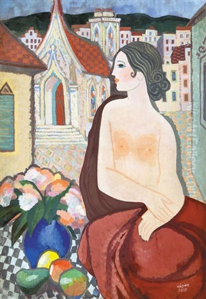 Semi-nude Among The Houses Oil Painting by Bela Kadar