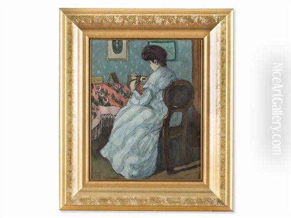 Interior With Lady At The Desk Oil Painting by Bela Kadar