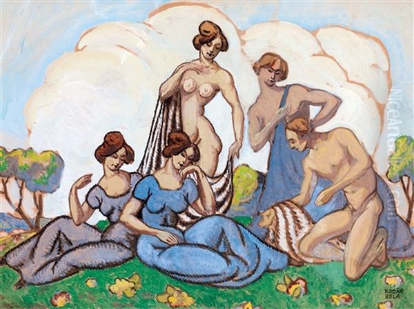 Spring Feast (in The Open Air) Oil Painting by Bela Kadar