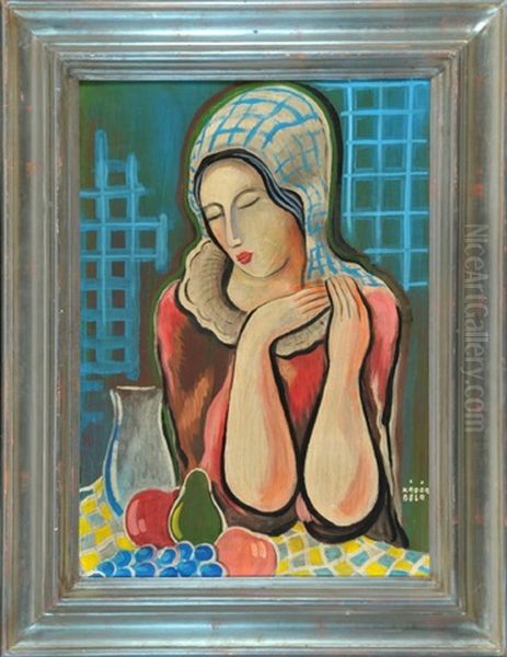 Frau Am Tisch Mit Krug Und Fruchten Oil Painting by Bela Kadar