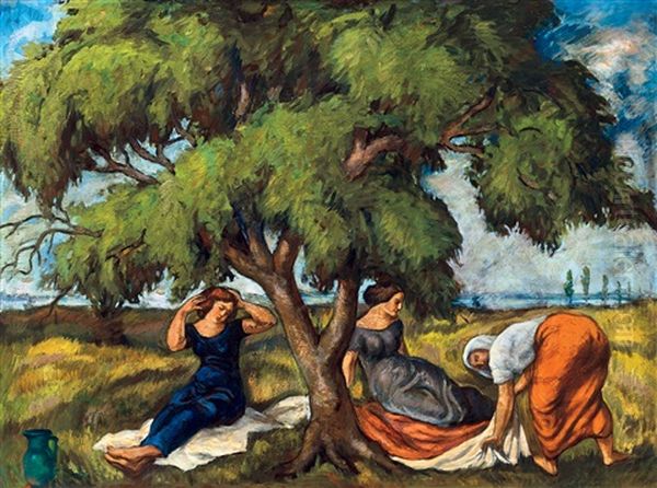 Young Ladies In Open Air Oil Painting by Bela Kadar