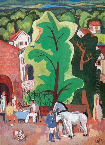 Terrace Above The Town (tree In Front Of Houses) Oil Painting by Bela Kadar