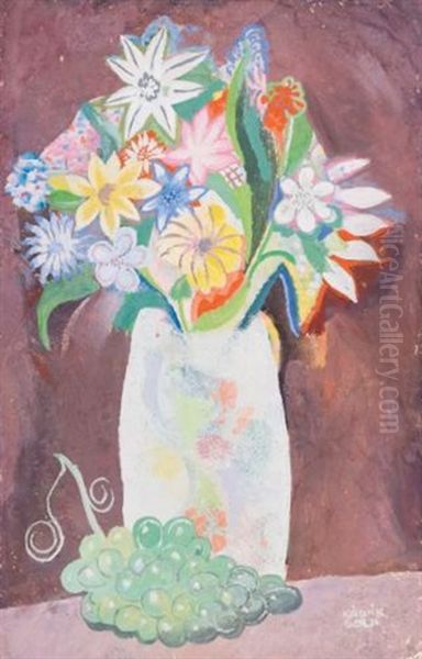 Still Life With A Vase Of Flowers And A Bunch Of Grapes Oil Painting by Bela Kadar