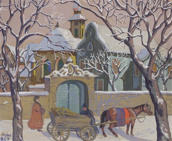 Street Scene In Spring; Street Scene In Winter (2 Works) Oil Painting by Bela Kadar