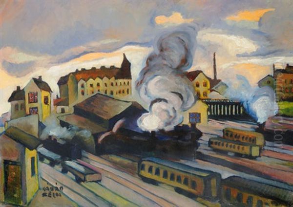 Railway Station In Vienna Oil Painting by Bela Kadar