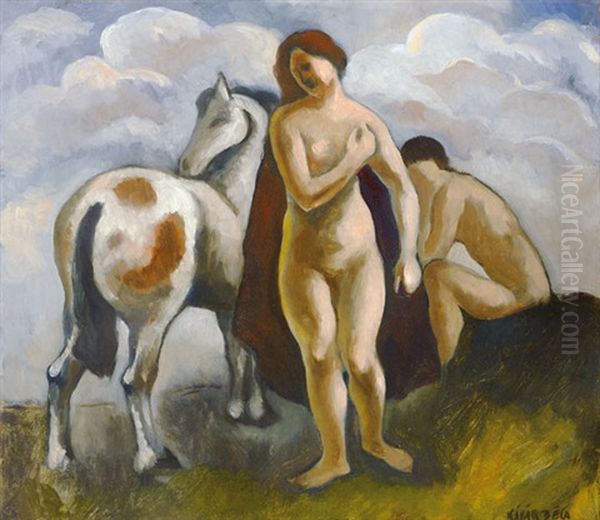 Nudes With Horses Oil Painting by Bela Kadar