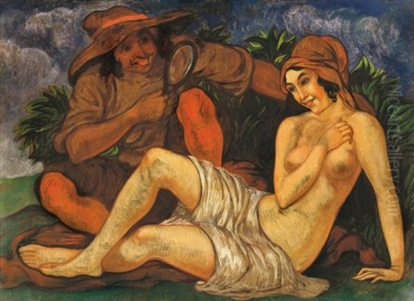 Lany Faunnal (girl With Faun) Oil Painting by Bela Kadar