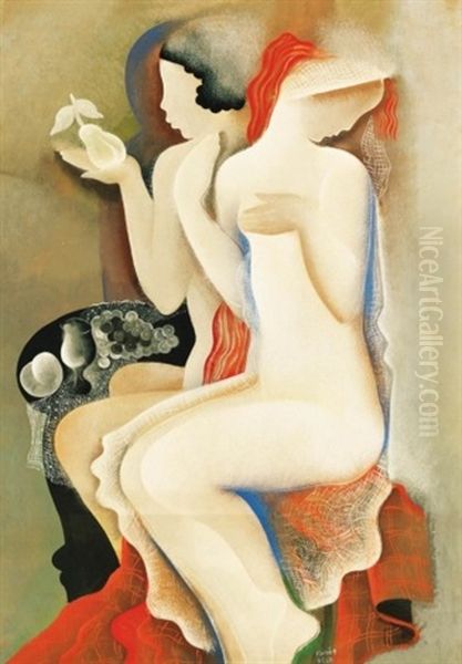 Leanyok Csendelettel (girls With Still Life) Oil Painting by Bela Kadar