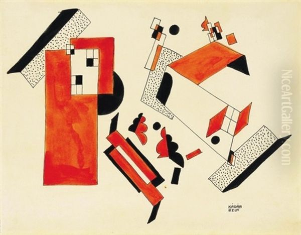 Kompozicio Hazzal (composition With House) Oil Painting by Bela Kadar