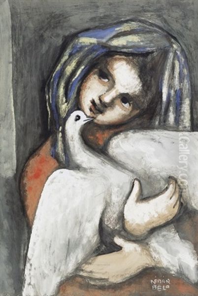 Lany Galambbal (girl With Dove) Oil Painting by Bela Kadar