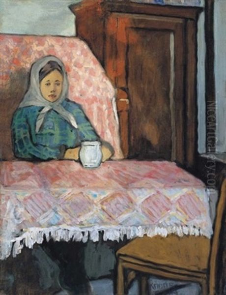 Kislany Kendoben (little Girl Wearing A Scarf) Oil Painting by Bela Kadar