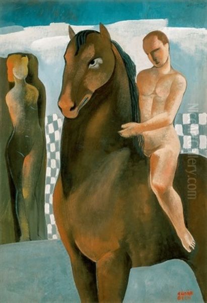 Lovas Es No (rider And Woman) Oil Painting by Bela Kadar