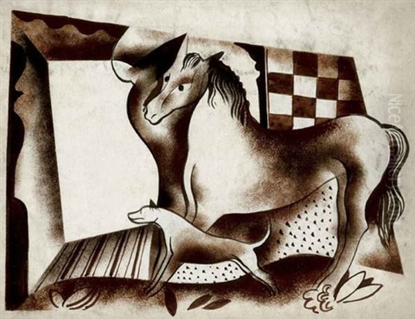 Kompozicio Loval (composition With A Horse) Oil Painting by Bela Kadar