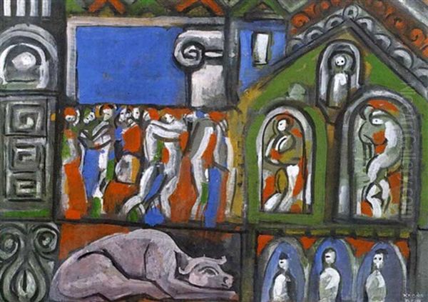 Personnages Et Taureau Oil Painting by Bela Kadar