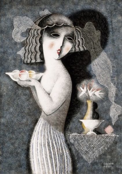 Fatyolos No Gyumolcstallal (woman In Veil With Fruit-bowl) Oil Painting by Bela Kadar