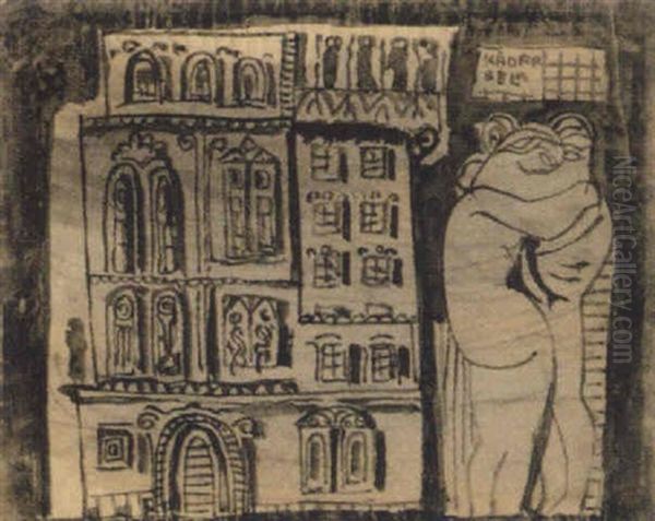 Zwei Figuren Vor Einem Haus Oil Painting by Bela Kadar