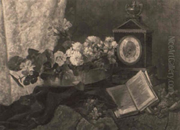 Stilleben Mit Blumen Und Uhr Oil Painting by Josef Kafka