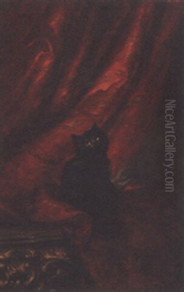 A Black Persian On A Partially Draped Table Oil Painting by Carl Kahler