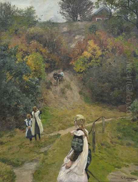 Spielende Kinder Bei Einem Herbstlichen Hang Oil Painting by Friedrich Kallmorgen