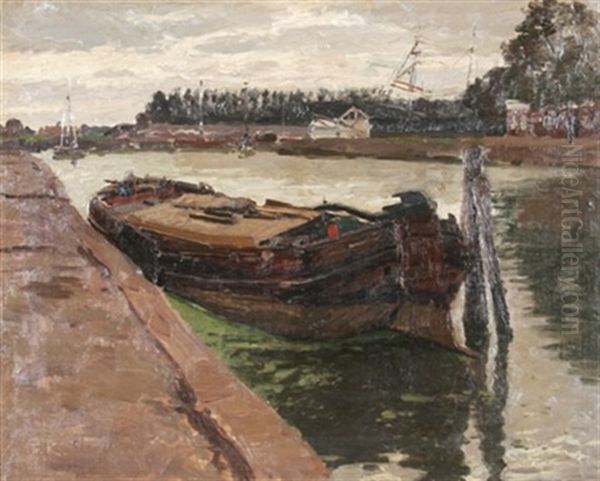 Schleppkahn Im Hafen Oil Painting by Friedrich Kallmorgen