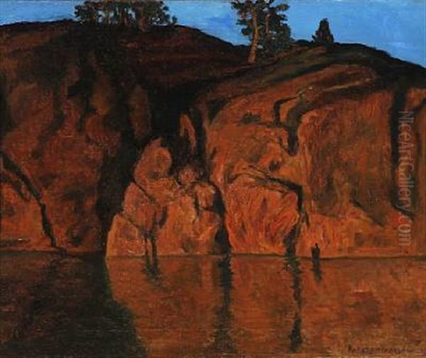 Archipelago Cliff Reflected In The Water Oil Painting by Gottfried Kallstenius