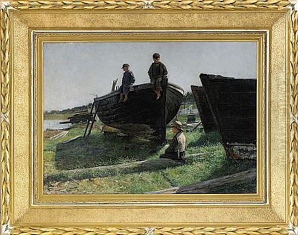 Vardag Vid Slipen - Mor Med Soner Vid Fiskebat Oil Painting by Gottfrid Kallstenius