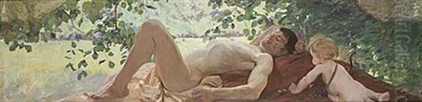 Sovande Yngling Och Amor Oil Painting by Gottfried Kallstenius