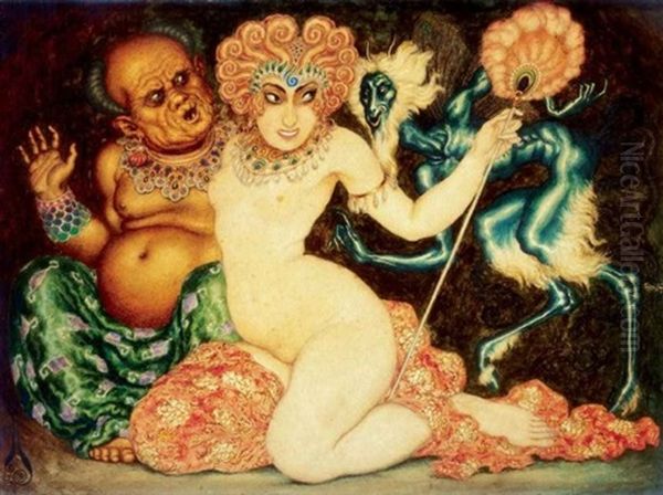 Noi Akt Buddhaval (female Nude With Buddha) Oil Painting by Nicolai Konstantinovich Kalmakov