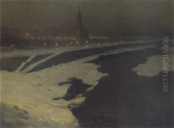 View Of The Kremlin At Night Oil Painting by Nicolai Konstantinovich Kalmakov