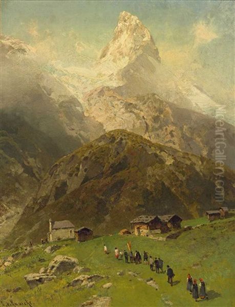 Prozession In Einem Bergdorf, Im Hintergrund Das Aufragende Matterhorn. Sommertag Oil Painting by Egon von Kameke