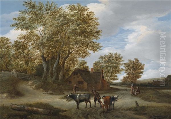 Landschaft Mit Einer Bauernkate Unter Baumen Und Landlicher Staffage Oil Painting by Godaert Kamper