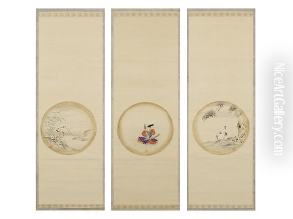 Triptych Oil Painting by Isen'in Naganobu Kano