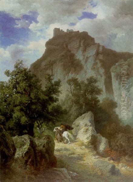 Canossa, Monch Und Reiter Auf Steinigem Pfad Zur Ruine Canossa Oil Painting by Edmund Friedrich Kanoldt