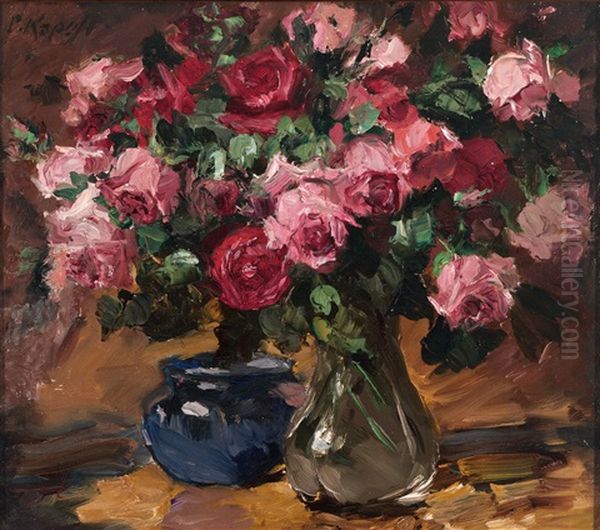 Stilleben Mit Rosenstrausen In Zwei Vasen Oil Painting by Paul Kapell