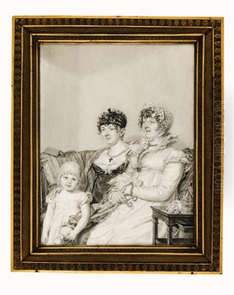 The Countess De Montmarie With Her Mother And Her Daughter, Seated On A Sofa In An Interior, The Grandmother Holding A Pair Of Spectacles And A Letter, The Young Girl Holding A Doll Oil Painting by Jean Jacques Karpff