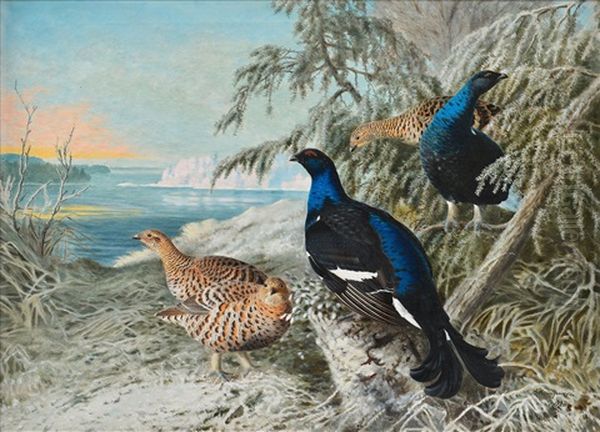 Birds In Winter Oil Painting by Matti Karppanen