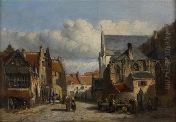 Rue Animee Pres D'une Eglise Oil Painting by Johannes Marius ten Kate