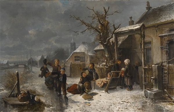Children Playing By A Canal In Winter Oil Painting by Mari ten Kate