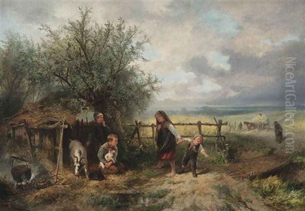 Playing With The Goat On Harvest Day Oil Painting by Mari ten Kate