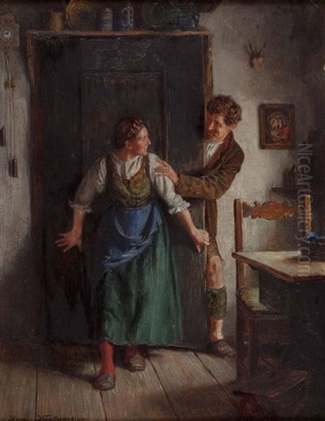 Bursch Besucht Das Zogernde Dirndl Oil Painting by Hermann Kauffmann the Younger