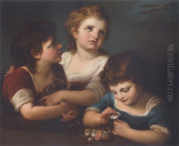 Children With A Bird's Nest And Flowers Oil Painting by Angelika Kauffmann