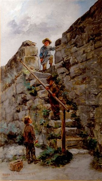 Spielende Kinder Auf Einer Steintreppe Oil Painting by Hugo Wilhelm Kauffmann
