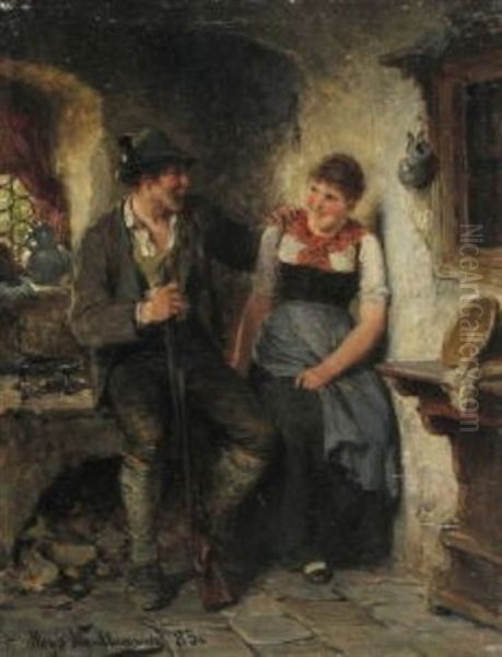 Jager Und Dirndl In Der Stube Oil Painting by Hugo Wilhelm Kauffmann