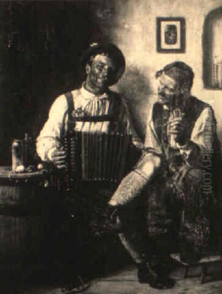 Tavern Scene With Pipe Smoker And Accordion Player Oil Painting by Hugo Wilhelm Kauffmann