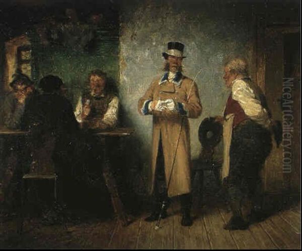 Ein Vornehmer Gast. Ein Herrschaftlicher Kutscher In Livree Hat Eine Landliche Wirtshausstube Betreten... Oil Painting by Hugo Kauffmann
